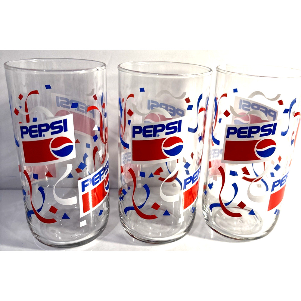 Vintage 90s Pepsi Cola Confetti Drinking Glasses Tumblers Set Of 3 Retro 14oz.